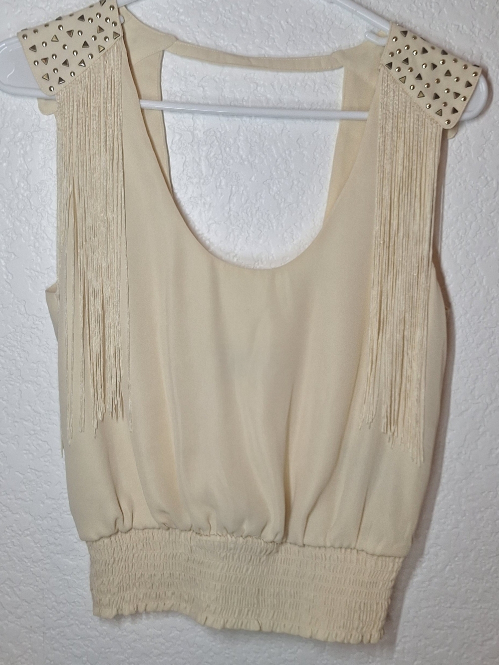 BEBE Cream Chiffon Fringe Studded Smocked Waist Crop Top Tank Blouse M (60NFU102